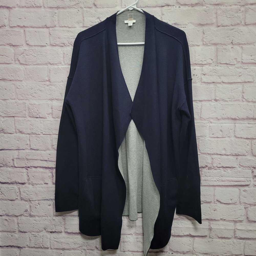 J.Jill Reversible Open Cardigan Sweater XL Navy Gray Minimalist Lagenlook Cozy